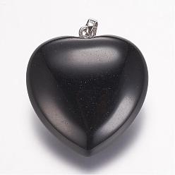 Pierre Noire Pendentifs pierres fines de pierre noire naturelle, cœur, platine, 32.5~34x30x12mm, Trou: 5x8mm