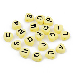 Pale Goldenrod Opaque Acrylic Enamel Beads, Horizontal Hole, Heart with Mixed Black Letters, Pale Goldenrod, 7x7x4mm, Hole: 1.5mm, about 3600pcs/500g