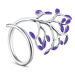 Purple SHEGRACE Adjustable 925 Sterling Silver Finger Ring, with Enamel, Leaves, Size 8, Purple, 18mm