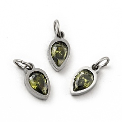 Gris Oliva 304 colgantes de acero inoxidable, con circonita cúbica y anillos de salto, encantos de una sola piedra, lágrima, color acero inoxidable, verde oliva, 9.5x5x2.5 mm, agujero: 3.5 mm