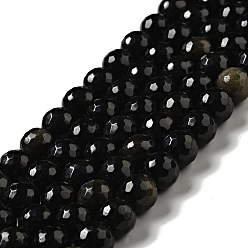 Obsidienne Dorée Brillance dorée naturelle perles obsidienne brins, ronde, facette, 10mm, Trou: 1.2~1.4mm, Environ 37~38 pcs/chapelet, 14.25''~14.76'' (36.2~37.5 cm)