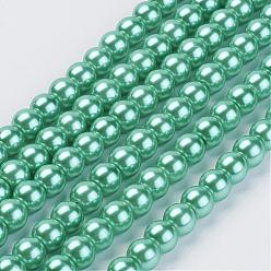 Vert De Mer Clair Brins de perles de verre teints écologiques, Grade a, ronde, cordon en coton fileté, vert de mer clair, 5mm, Trou: 1.2~1.5mm, Environ 80 pcs/chapelet, 15.7 pouce
