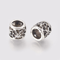 Antique Silver Hollow Alloy Beads, Large Hole Beads, Column with Flower, Antique Silver, 9.5x8.5mm, Hole: 6mm