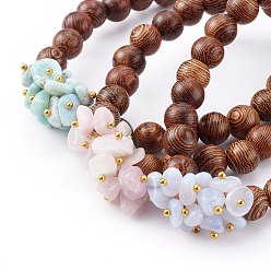 Mixed Stone Round Natural Wood Beads Stretch Bracelets Sets, with Natural Blue Lace Agate/Larimar/Kunzite Chip Beads, Inner Diameter: 2-1/8 inch(5.5cm), 3pcs/set