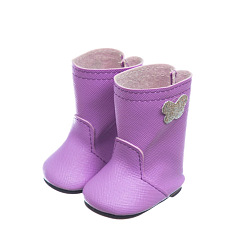 Violeta Zapatos de lluvia de muñeca de cuero pu, con mariposa brillante, ajuste 18 accesorios de muñeca de niña de pulgadas, muñeca que hace flexibles, violeta, 70x40x80 mm