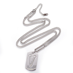 Letter V 304 colliers pendentif initiaux divisés en acier inoxydable, avec pinces de homard et chaînes gourmettes, rectangle avec la lettre, letter.v, 27.55 pouce (70 cm), pendentif: 41x23x2 mm