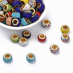 Mixed Color Polymer Clay Rhinestone European Beads, with Golden Tone Brass Double Cores, Large Hole Beads, Rondelle, Mixed Color, 11x7mm, Hole: 4.5mm
