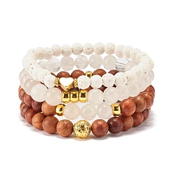 White 4Pcs 4 Style Natural Quartz Crystal & Lava Rock & Wood Round Beaded Stretch Bracelets Set with Heart, Oil Diffuser Power Yoga Jewelry for Women, White, Inner Diameter: 2-1/8~2.26 inch(5.5~5.75cm), 1pc/style