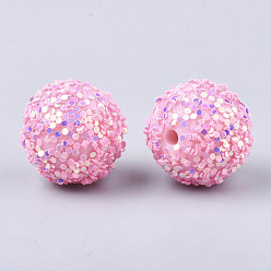 Pearl Pink Acrylic Beads, Glitter Beads,with Sequins/Paillette, Round, Pearl Pink, 19.5~20x19mm, Hole: 2.5mm