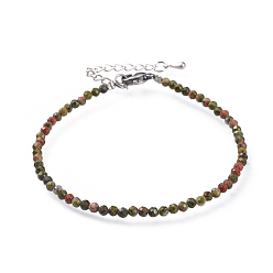 Unakite Bracelets de perles unakite naturelles, avec 304 pinces de homard en acier inoxydable et chaînes d'extension en laiton, facette, 7-1/4 pouce (18.5 cm)