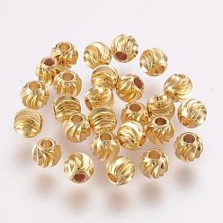 Настоящее золото 18K Spacer бисер латунные, долговечный, гофрированный круглый, реальный 18 k позолоченный, 3x2 мм, отверстие : 1.2 мм