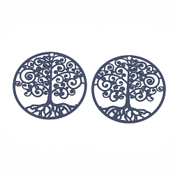 Marine Blue 430 Stainless Steel Filigree Pendants, Spray Painted, Etched Metal Embellishments, Flat Round with Tree of Life, Marine Blue, 35x0.3mm, Hole: 1.6mm