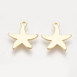 Real 18K Gold Plated Brass Charms, Starfish/Sea Stars, Nickel Free, Real 18K Gold Plated, 13x12x0.8mm, Hole: 1mm