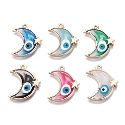 Mixed Color Alloy Enamel Pendants, Golden, Moon with Star & Evil Eye, Mixed Color, 25x21x2mm, Hole: 1.6mm