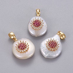 Rose Foncé Pendentifs de perles d'eau douce de culture naturelle, avec accessoires zircon cubique micro pave en laiton, pépites avec des fleurs, plaqué longue durée, or, rose foncé, 17~27x12~16x6~12mm, Trou: 4x2.5mm