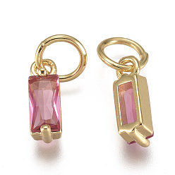 Hot Pink Brass Micro Pave Cubic Zirconia Charms, Long-Lasting Plated, with Jump Ring, Real 18K Gold Plated, Rectangle, Hot Pink, 10x3x3mm, Hole: 3mm