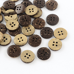 Brun De Noix De Coco 4 -hole boutons de noix de coco plats et ronds, brun coco, 15x3mm, Trou: 2mm