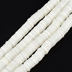 White Natural Trochus Shell Beads Strands, Bleach, Heishi Beads, Flat Round/Disc, White, 8x1~1.5mm, Hole: 1.2mm, about 207~216pcs/strand, 15.28 inch~15.47 inch(38.8~39.3cm)