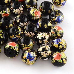 Black Mixed Flower Picture Printed Glass Round Beads, Black, 12mm, Hole: 1.5mm