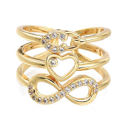 Real 18K Gold Plated Adjustable Brass Micro Pave Clear Cubic Zirconia Cuff Rings, Open Rings, Wide Band Rings, Infinity, Heart, Lock, Real 18K Gold Plated, Size 7, Inner Diameter: 17mm