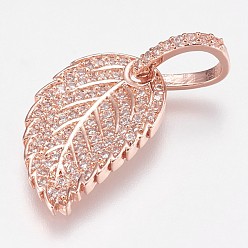 Rose Gold Brass Micro Pave Cubic Zirconia Pendants, Leaf, Rose Gold, 19x11.5x2mm, Hole: 7x5mm