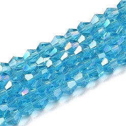 Deep Sky Blue Transparent Electroplate Glass Beads Strands, AB Color Plated, Faceted, Bicone, Deep Sky Blue, 3.5mm, about 108~123pcs/strand, 12.76~14.61 inch(32.4~37.1cm)