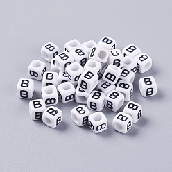 Letter B Acrylic Horizontal Hole Letter Beads, Cube, White, Letter B, Size: about 6mm wide, 6mm long, 6mm high, hole: about 3.2mm, about 2600pcs/500g