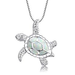 White Silver Alloy Enamel Pendant Necklace, Tortoise, White, 19.29 inch(49cm)