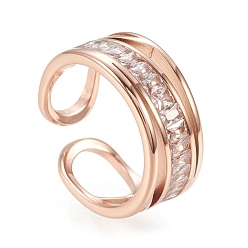Rose Gold 304 Stainless Steel Cuff Rings, Open Rings, with Clear Cubic Zirconia, Rose Gold, Size 6~9, Inner Diameter: 16~19mm