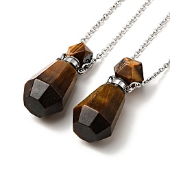 Tiger Eye Openable Faceted Natural Tiger Eye Perfume Bottle Pendant Necklaces for Women, 304 Stainless Steel Cable Chain Necklaces, Stainless Steel Color, 18.74 inch(47.6cm)
