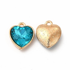 Cyan Colgantes de diamantes de imitación de cristal facetado, con hallazgos de aleación de zinc de tono dorado, encantos del corazón, cian, 16.5x14x6.5 mm, agujero: 1.6 mm