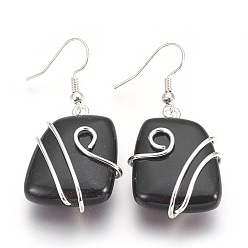 Black Agate Natural Black Agate Dangle Earrings, with Silver Color Plated Brass Findings, Rectangle, 47mm, Pin: 0.7mm