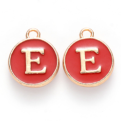Letter E Golden Plated Alloy Charms, with Enamel, Enamelled Sequins, Flat Round, Red, Letter.E, 14x12x2mm, Hole: 1.5mm, 50pcs/Box