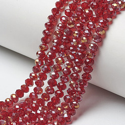 Dark Red Electroplate Transparent Glass Beads Strands, Half Rainbow Plated, Faceted, Rondelle, Dark Red, 4x3mm, Hole: 0.4mm, about 123~127pcs/strand, 16.5~16.9 inch(42~43cm)