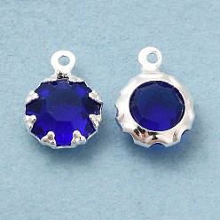 Blue Eco-Friendly Glass Charms, with Brass Findings, Long-Lasting Plated, Cadmium Free & Lead Free, Flat Round, 925 Sterling Silver Plated, Blue, 9x6.5x3mm, Hole: 1mm