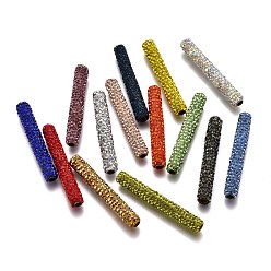 Mixed Color Polymer Clay Rhinestone Tube Beads, with Brass Findings, Mixed Color, 35~35.5x5~5.5mm, Hole: 2.5mm