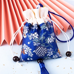 Blue Silk Embroidery Flower Pouches, Drawstring Bag, Rectangle with Tassel, Blue, 11.5x8.5cm