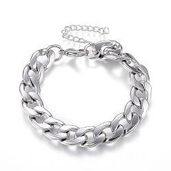 Stainless Steel Color 304 Stainless Steel Bracelets, with Curb Chain, Stainless Steel Color, 180mm(7-1/8 inch)