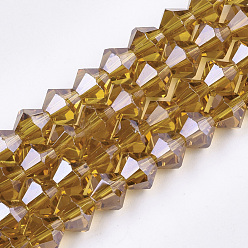 Verge D'or Perles en verre electroplate, perle plaquée lustre, facette, Toupie, verge d'or, 6x5.5~6mm, Trou: 1mm, Environ 44~47 pcs/chapelet, 11.02 pouce