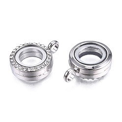 Platinum Alloy Magnetic Locket Pendants, with Rhinestone and Glass, Flat Round, Crystal, Platinum, 26x19x8mm, Hole: 3.5mm, Inner diameter: 10.5mm