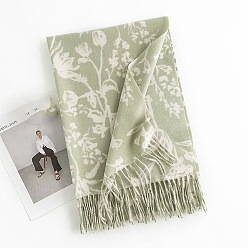 Dark Sea Green Polyester Neck Warmer Scarf, Winter Scarf, Flower Pattern Tassel Wrap Scarf, Dark Sea Green, 180x69mm