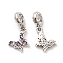 Violet Rack Plating Alloy Rhinestone European Dangle Charms, Large Hole Charms, Butterfly, Platinum, Violet, 25~26.5mm, Butterfly: 15~16x9.5~12.5x2.5mm, Hole: 4.5~5mm
