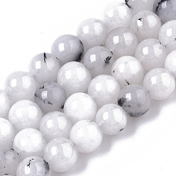 Blanc Fumé Perles naturelles de quartz brins, teints et chauffée, imitation quartz tourmaliné / couleur quartz rutile noir, ronde, fumée blanche, 8.5x8mm, Trou: 1mm, Environ 48~49 pcs/chapelet, 15.24 pouces ~ 15.59 pouces