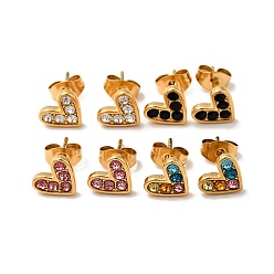 Mixed Color Heart 304 Stainless Steel Rhinestone Stud Earrings, 316 Surgical Stainless Steel Pin Ear Studs, with Ear Nuts, Golden, Mixed Color, 7x8.5mm, Pin: 0.7mm