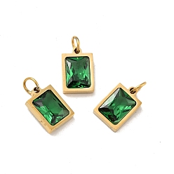 Green Vacuum Plating 304 Stainless Steel Pendants, with Cubic Zirconia and Jump Rings, Single Stone Charms, Rectangle, Golden, Green, 11.5x8x3.5mm, Hole: 3.6mm