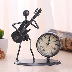 Negro Reloj de hierro antiguo con adornos de guitarra., para la decoración de escritorio de la oficina en casa, negro, 135x130 mm