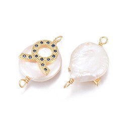 Taureau Connecteurs de liens de perles naturelles, avec accessoires zircon cubique micro pave en laiton, plat rond avec constellation, or, bleu marine, taurus, 20~26x9~17x5~11mm, Trou: 1.6mm