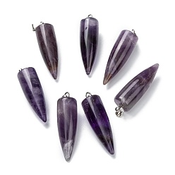 Amethyst Natural Amethyst Pendants, with Platinum Brass Findings, Bullet, 32~35x10~11mm, Hole: 7X3mm
