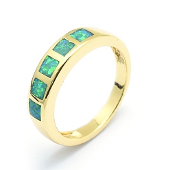 Golden Synthetic Opal Finger Rings, with Brass Findings, Long-Lasting Plated, Size 7, Turquoise, Golden, 17.5mm