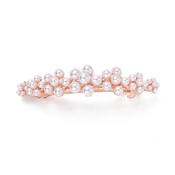 Rose Gold Alloy Hair Barrettes, with Imitation Pearl Beads, Strip with Flower, Rose Gold, 17.5x78x28mm
